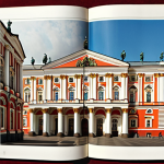 **Image:** A vibrant photo collage showcasing iconic Russian cultural elements: the Hermitage Museum, Bolshoi Theatre, Russian literature books, and a map highlighting major cities like Moscow and St. Petersburg. The overall feel is one of cultural richness and historical depth.