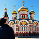 A magnificent Russian Orthodox church exterior under a clear blue sky, showcasing multiple vibrant, multi-colored onion domes topped with golden crosses. The architectural details are intricate and ornate, with red brick walls and decorative patterns. Sunlight beautifully illuminates the golden spires and reflective domes. In the foreground, a few fully clothed individuals in modest, appropriate attire stand respectfully, admiring the grand scale of the building. The scene conveys a sense of historical grandeur and spiritual beauty, safe for work, appropriate content, family-friendly, professional photography, high quality, perfect anatomy, natural proportions, well-formed hands, proper finger count.