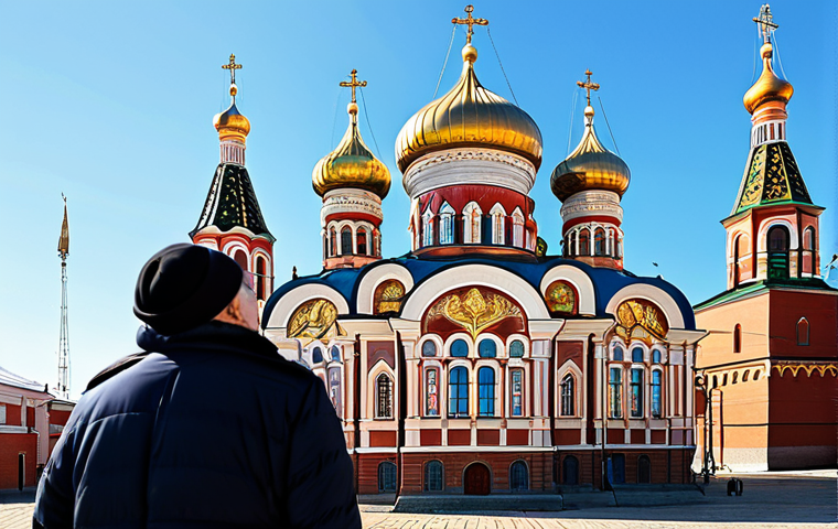 A magnificent Russian Orthodox church exterior under a clear blue sky, showcasing multiple vibrant, multi-colored onion domes topped with golden crosses. The architectural details are intricate and ornate, with red brick walls and decorative patterns. Sunlight beautifully illuminates the golden spires and reflective domes. In the foreground, a few fully clothed individuals in modest, appropriate attire stand respectfully, admiring the grand scale of the building. The scene conveys a sense of historical grandeur and spiritual beauty, safe for work, appropriate content, family-friendly, professional photography, high quality, perfect anatomy, natural proportions, well-formed hands, proper finger count.
