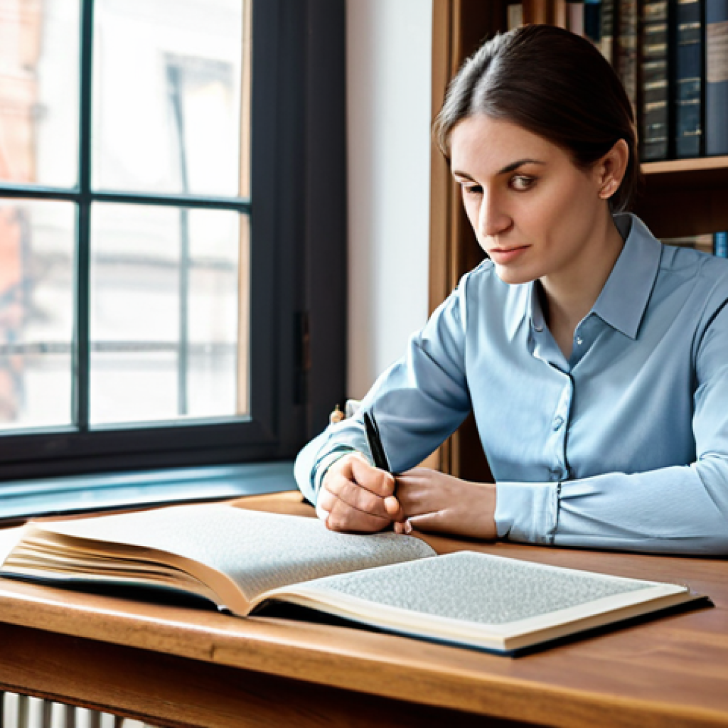A focused professional woman, mid-30s, wearing a modest, smart-casual outfit including a simple blouse and neat trousers. She is seated comfortably at a polished wooden desk in a well-lit, cozy study. She holds an open, detailed travel guide about Russia in her hands, her gaze thoughtfully fixed on its pages, perhaps a map or historical site illustration. A warm cup of tea sits beside the book. The background is a blurred, inviting bookshelf and a soft window light. Perfect anatomy, correct proportions, natural pose, well-formed hands, proper finger count, natural body proportions, fully clothed, modest clothing, appropriate attire, professional dress, safe for work, appropriate content, professional, family-friendly, high quality, professional photography, soft lighting.