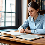 A focused professional woman, mid-30s, wearing a modest, smart-casual outfit including a simple blouse and neat trousers. She is seated comfortably at a polished wooden desk in a well-lit, cozy study. She holds an open, detailed travel guide about Russia in her hands, her gaze thoughtfully fixed on its pages, perhaps a map or historical site illustration. A warm cup of tea sits beside the book. The background is a blurred, inviting bookshelf and a soft window light. Perfect anatomy, correct proportions, natural pose, well-formed hands, proper finger count, natural body proportions, fully clothed, modest clothing, appropriate attire, professional dress, safe for work, appropriate content, professional, family-friendly, high quality, professional photography, soft lighting.