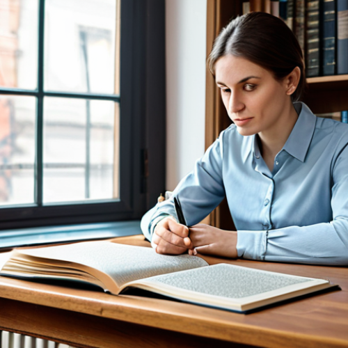Home 7 A focused professional woman, mid-30s, wearing a modest, smart-casual outfit including a simple blouse and neat trousers. She is seated comfortably at a polished wooden desk in a well-lit, cozy study. She holds an open, detailed travel guide about Russia in her hands, her gaze thoughtfully fixed on its pages, perhaps a map or historical site illustration. A warm cup of tea sits beside the book. The background is a blurred, inviting bookshelf and a soft window light. Perfect anatomy, correct proportions, natural pose, well-formed hands, proper finger count, natural body proportions, fully clothed, modest clothing, appropriate attire, professional dress, safe for work, appropriate content, professional, family-friendly, high quality, professional photography, soft lighting.