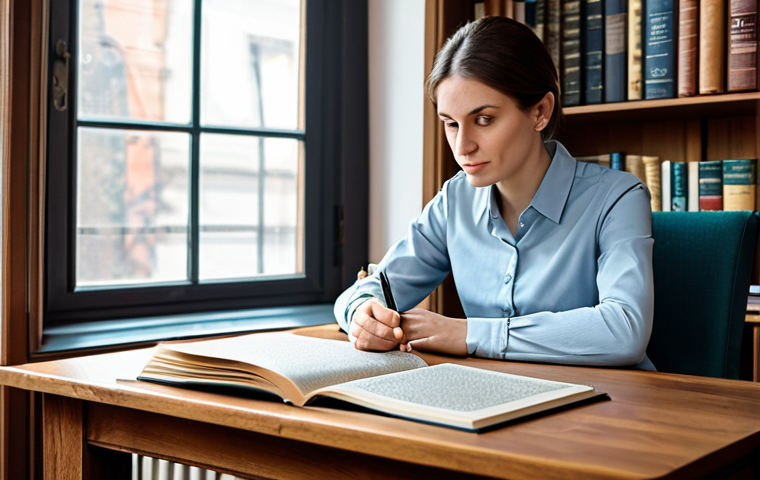 A focused professional woman, mid-30s, wearing a modest, smart-casual outfit including a simple blouse and neat trousers. She is seated comfortably at a polished wooden desk in a well-lit, cozy study. She holds an open, detailed travel guide about Russia in her hands, her gaze thoughtfully fixed on its pages, perhaps a map or historical site illustration. A warm cup of tea sits beside the book. The background is a blurred, inviting bookshelf and a soft window light. Perfect anatomy, correct proportions, natural pose, well-formed hands, proper finger count, natural body proportions, fully clothed, modest clothing, appropriate attire, professional dress, safe for work, appropriate content, professional, family-friendly, high quality, professional photography, soft lighting.
