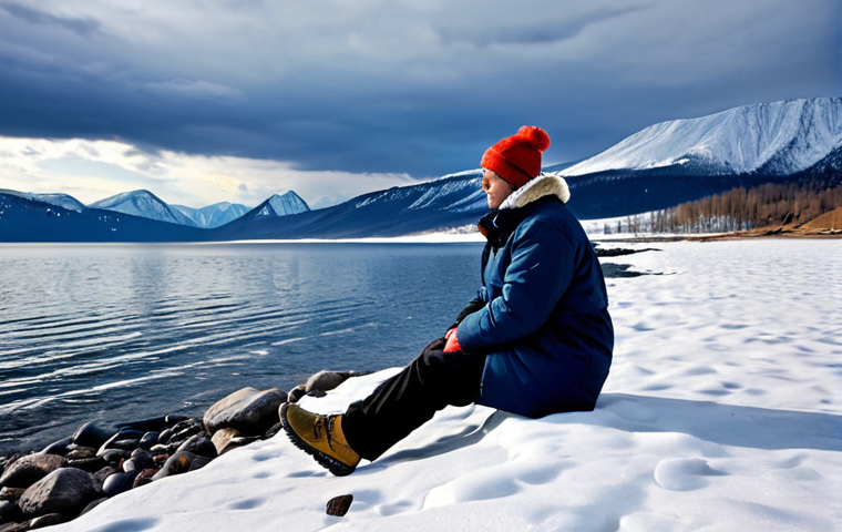 시베리아 횡단 열차 여행 - Baikal Lake Serenity**
A lone, fully clothed traveler sits on the rocky shore of Lake Baikal, Russi...