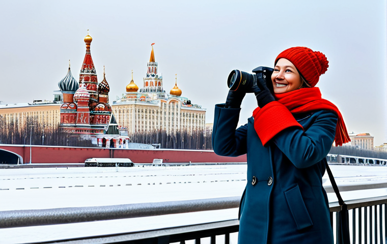 러시아 여행 비자 신청 방법 - Moscow Cityscape**
"A professional female tourist, fully clothed in a modest winter coat and scarf,...
